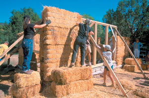 
BWB workers mix earthen plaster for a Mexican straw bale house.
